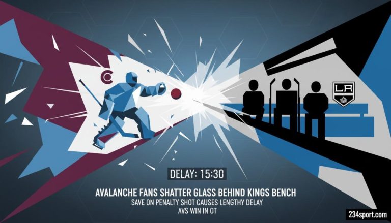 Avalanche fans shatter glass behind Kings bench after save on penalty shot, causing lengthy delay before Avs win in OT