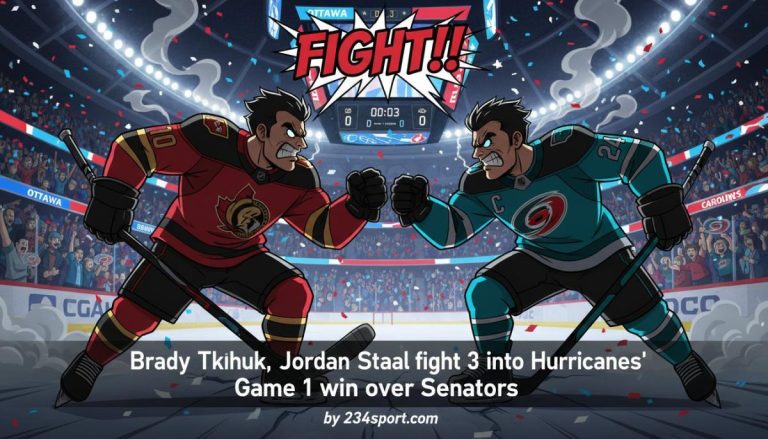 Brady Tkachuk, Jordan Staal fight 3 seconds into Hurricanes' Game 1 win over Senators