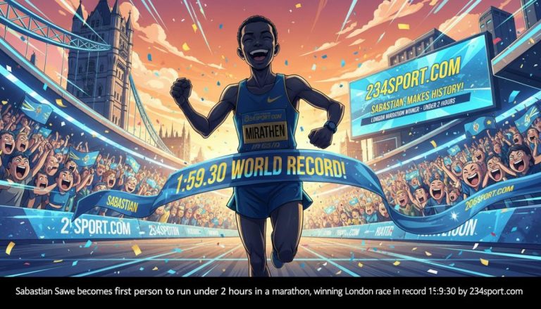Sabastian Sawe becomes first person to run under 2 hours in a marathon, winning London race in record 1:59:30