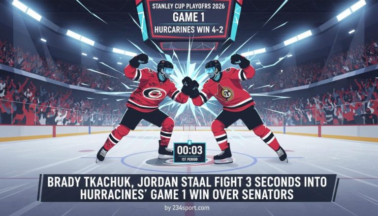 Tkachuk, Staal Drop Gloves 3 Seconds In: Canes Take G1